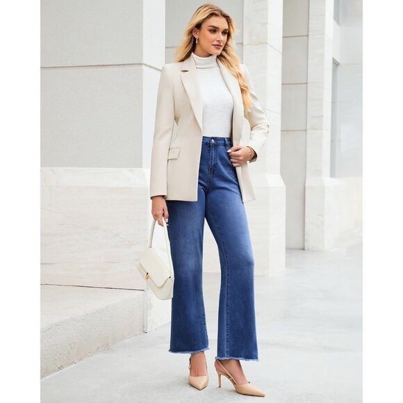 Women’s High Waisted Straight Leg Jeans Frayed Hem Stretchy Denim Casual - Picture 6 of 6